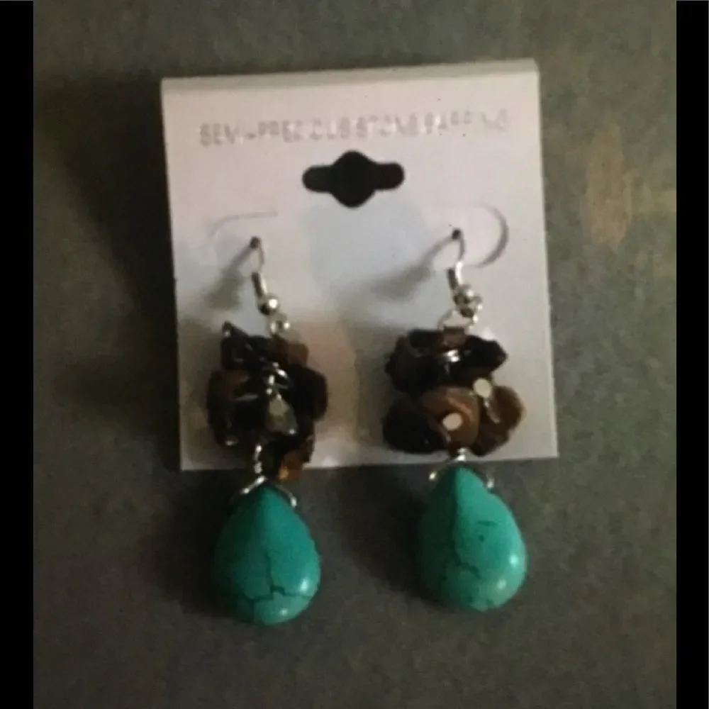 Genuine Teardrop Turquoise & Tigers' Eye Gemstone Dangle Earrings